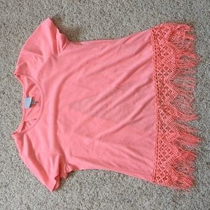 Buckle Brand Freshwear Neon Coral Pink Orange Fringe Top w/Open Back Sz M